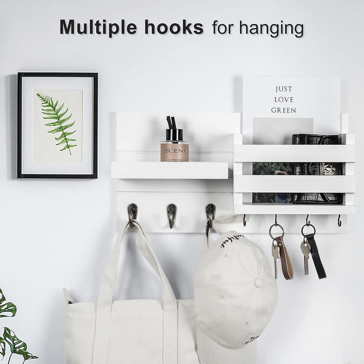 Lwenki Mail Organizer for Wall Mount – Key Holder with Shelf Includes Letter Holder and Hooks for Coats, Dog Leashes – Rustic Wood with Flush Mounting Hardware (16.5” x 8.7” x 3.5”)