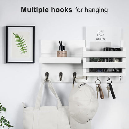 Lwenki Mail Organizer for Wall Mount – Key Holder with Shelf Includes Letter Holder and Hooks for Coats, Dog Leashes – Rustic Wood with Flush Mounting Hardware (16.5” x 8.7” x 3.5”)