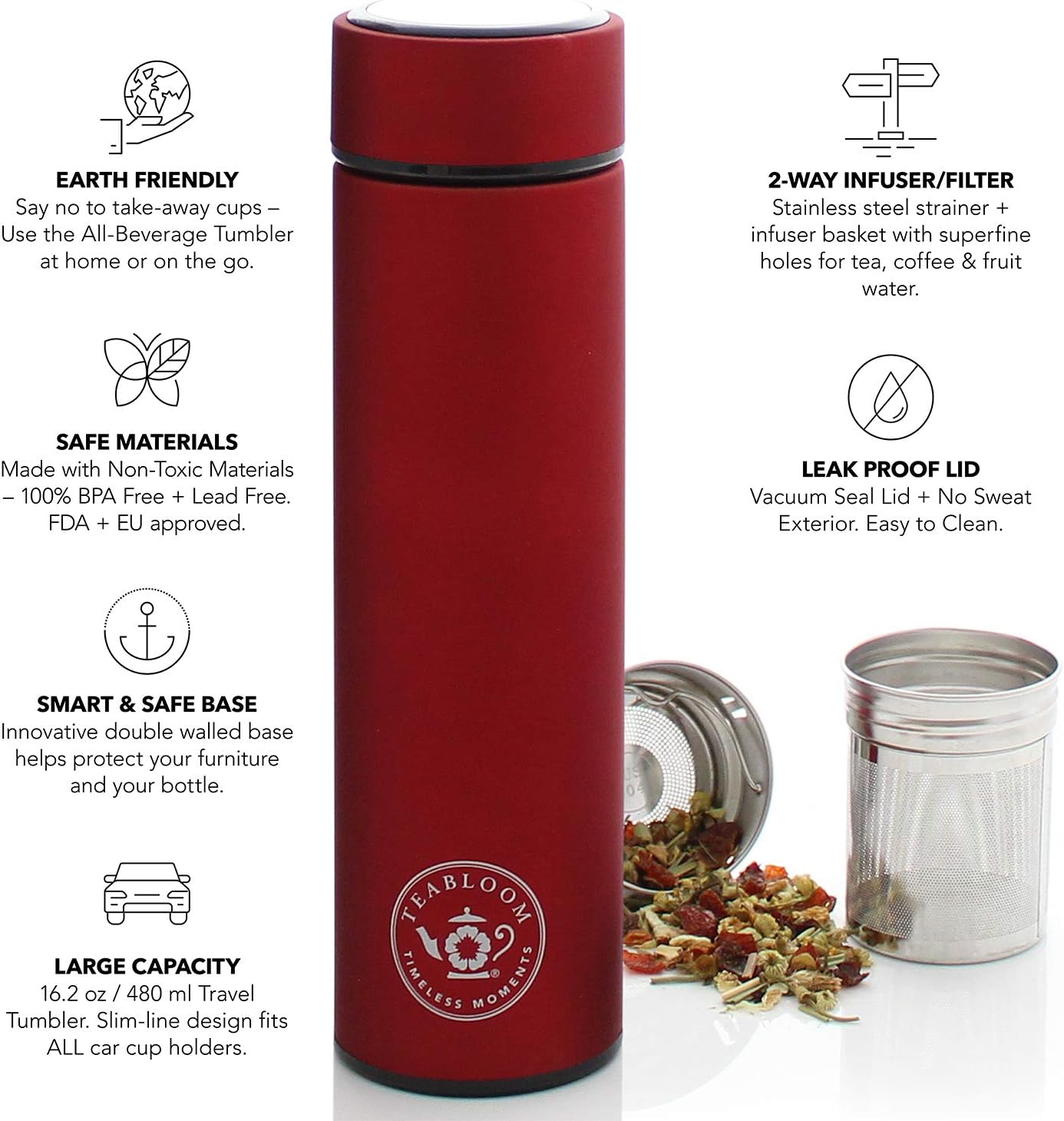 Teabloom - The ORIGINAL All-Brew Travel Tumbler & Thermos | OPRAH’s Favorite | 16oz/480ml Stainless Steel Insulated Water Bottle/Tea Flask/Cold Brew Coffee Mug
