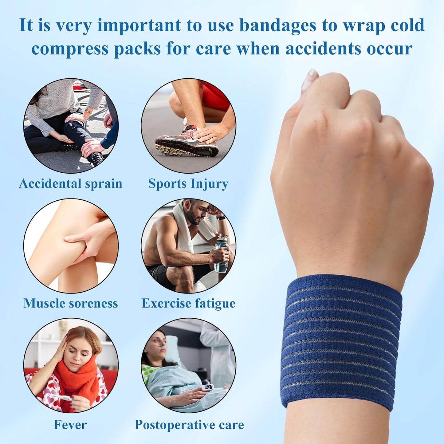 4-Pack Ice Pack Strap,Stretchable- 35.5"x3" Adjustable Hook and Loop Elastic Holder & Resuable Extender Belt for Secure Ice Pack Wrap, Blue