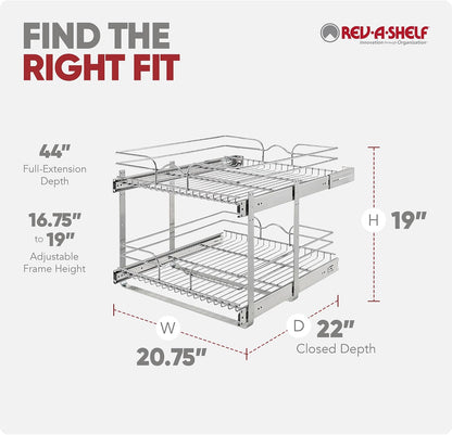 Rev-A-Shelf Pullout Organizer for Cabinets, Min Opening Width of 18" | STwo-Tier Steel Shelf for Kitchen or Vanity Cabinet Organization, Heavy Gauge Wire Slide Out Storage Basket, 5WB2-1822CR-1