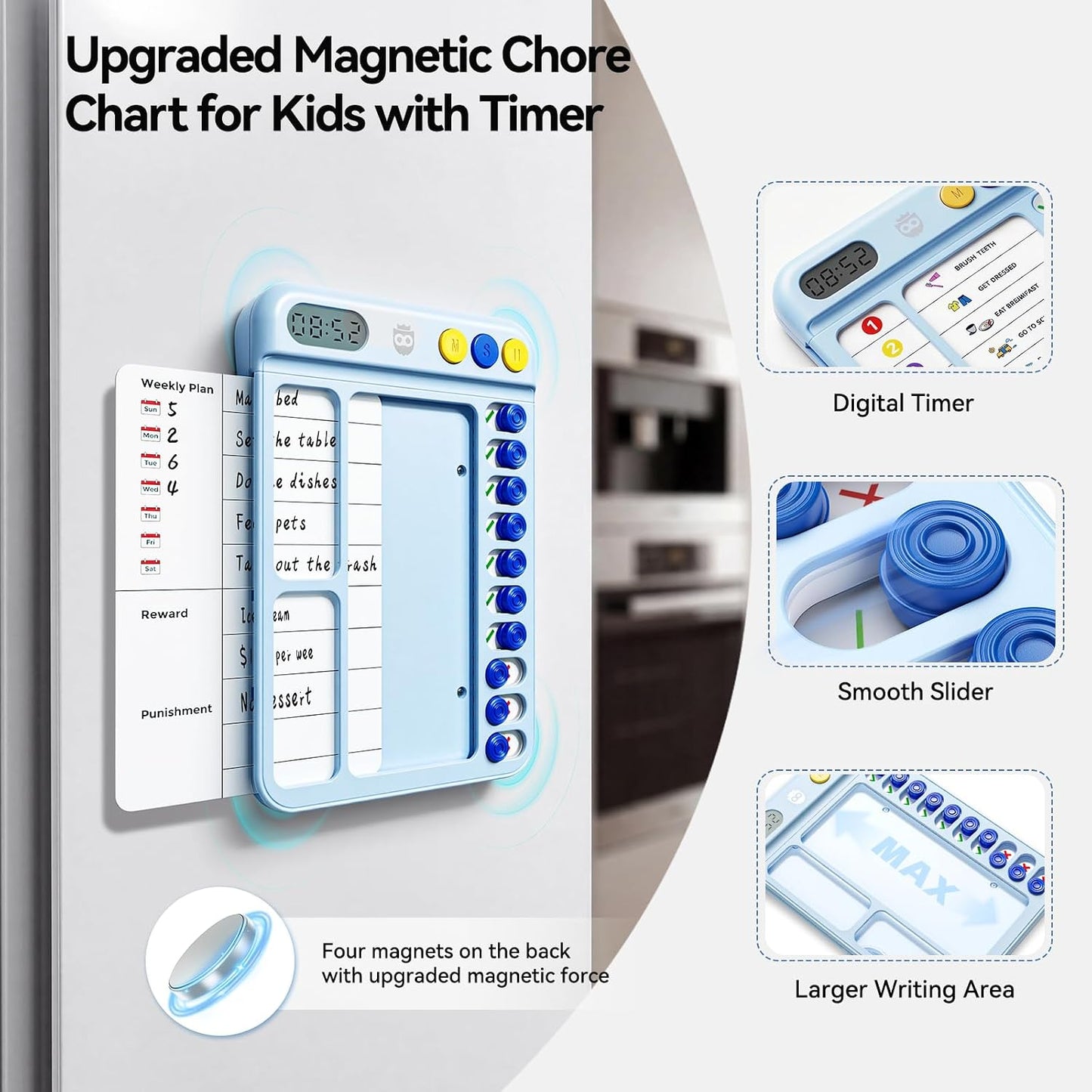 Chore Chart for Kids with Visual Timer, ADHD Tools Visual Schedule Planning Board with Slider, 20 Personalizable Cards and Magnetic Marker, Morning/Bedtime/Daily Routine Chart Checklist - Blue