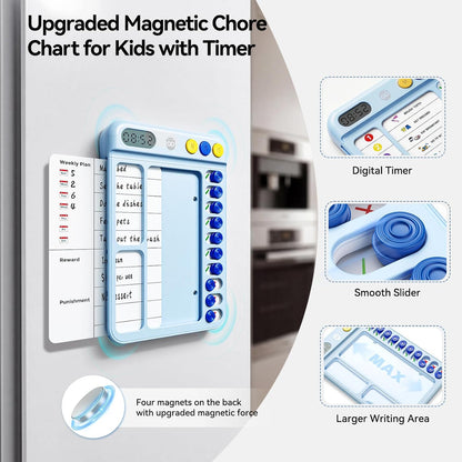 Chore Chart for Kids with Visual Timer, ADHD Tools Visual Schedule Planning Board with Slider, 20 Personalizable Cards and Magnetic Marker, Morning/Bedtime/Daily Routine Chart Checklist - Blue
