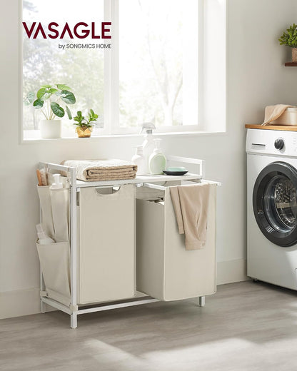 VASAGLE Laundry Hamper, Laundry Basket Sorter with 3 Pull-Out and Removable Bags, Shelf, Metal Frame, 3 x 10.6 Gallons (40 L), 36.4 x 13 x 28.4 Inches, Cappuccino Beige and Natural Beige UBLH301LH01