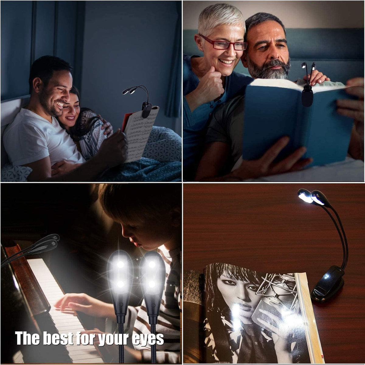 Music Stand Light, 1/2/4/ Clip on LED Book Lights, USB and AAA Battery Operated, Reading Lamp in Bed, 4 Brightness Levels, Ideal for Musician, Piano Player, Sheet Music, Travel (Dual Arm)