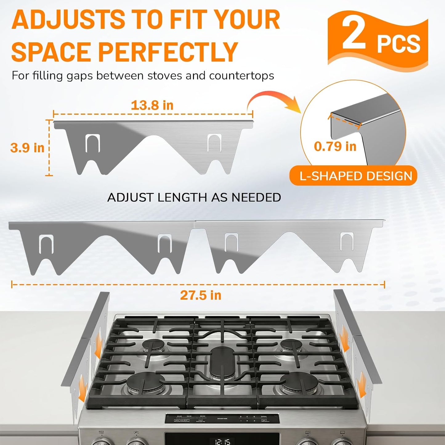 Stainless Steel Stove Gap Covers,Stove Gap Filler, Range Trim Kit, Stove Gap Guards, Heat Resistant and Easy to Clean, Easy retractable Length 13.8" to 27.5", Width 0.79",Black(2PCS)