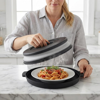 Microwave Cover for Food, 10.2 Inch Microwave Splatter Cover with Anti-Scald Tray, Collapsible Vented Microwave Plate Cover, BPA-Free Food Lid with Handles for Compact Microwaves