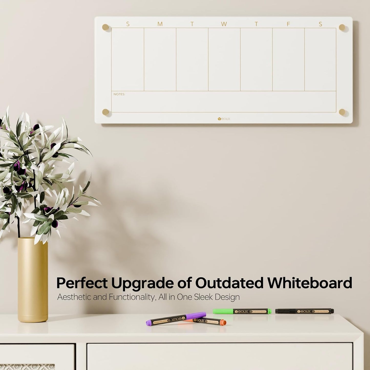 Yeoux Clear Glass Golden Weekly & Menu Dry Erase Calendar Board 15“x11 | Wall Mount, Non-Magnetic, Meal Planning & Grocery Shopping List Whiteboard for Kitchen & Home, 4 Markers