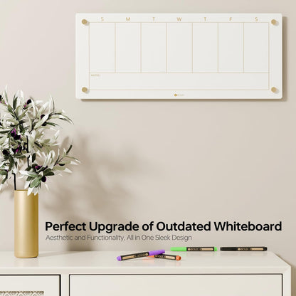 Yeoux Clear Glass Golden Weekly & Menu Dry Erase Calendar Board 15“x11 | Wall Mount, Non-Magnetic, Meal Planning & Grocery Shopping List Whiteboard for Kitchen & Home, 4 Markers