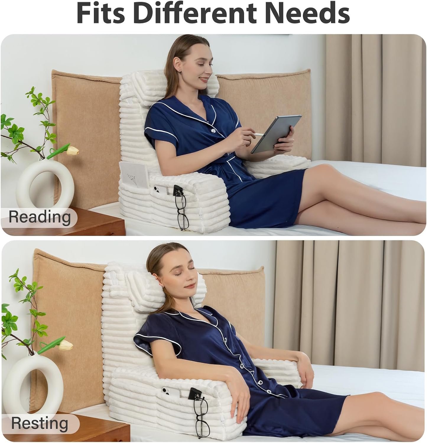 ENITYA 22" XL Back Pillow for Bed Sitting Up with Armrests & Big Pockets | Reading Pillow for Bed, Soft Back Support Chair, Ideal for Watching TV, Gaming, Nursing, Resting, Post Surgery, Dark Grey