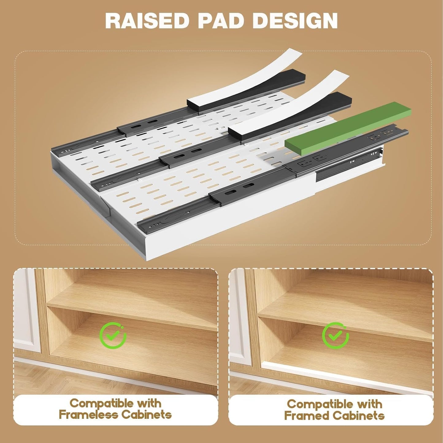 Seinloes Pull Out Cabinet Organizer, 4-Side Expandable to Fit Most Cabinets, 3 Rail Slide Out Drawers with Raising Pad for Framed & Frameless Cabinets, 13"-21" W x 17"-24" D, White, 2 Pack