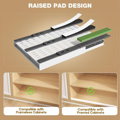 Seinloes Pull Out Cabinet Organizer, 4-Side Expandable to Fit Most Cabinets, 3 Rail Slide Out Drawers with Raising Pad for Framed & Frameless Cabinets, 13"-21" W x 17"-24" D, White, 2 Pack
