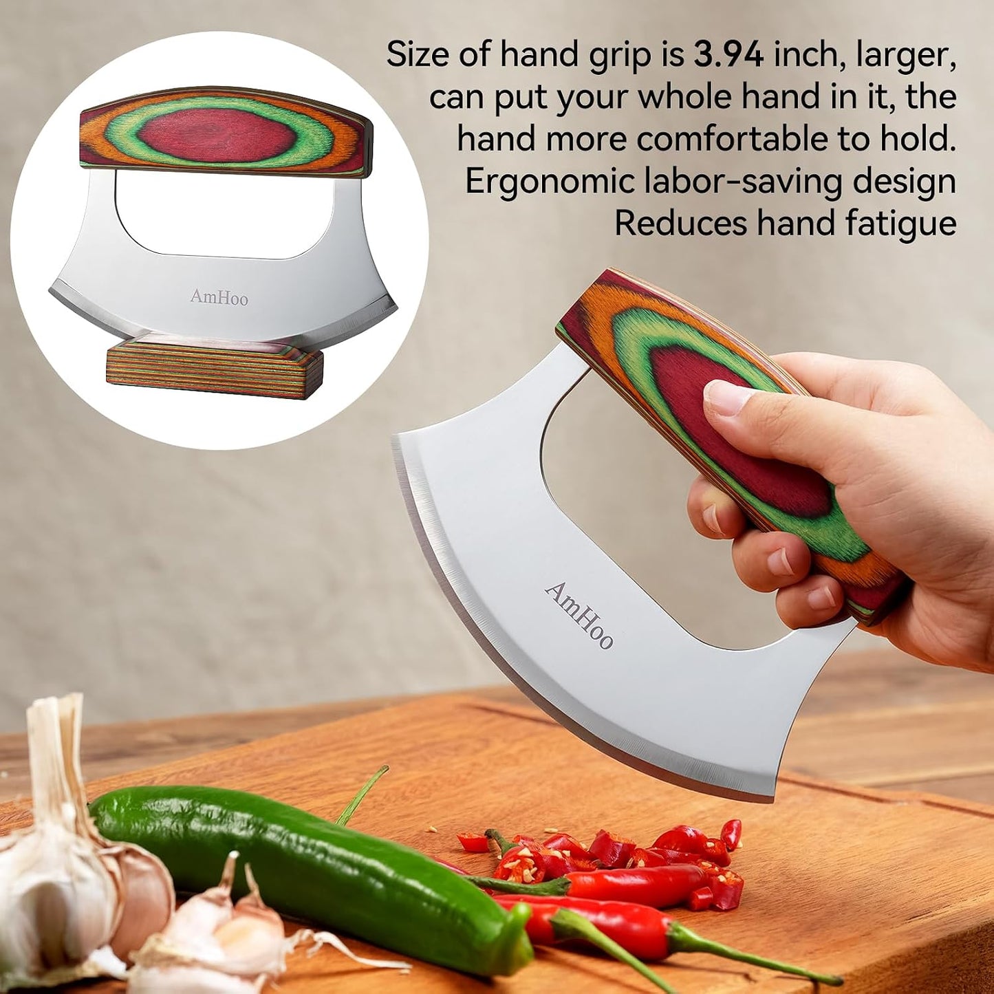 Pizza Cutter Chef Mezzaluna Ulu Knife Handle Color Wood Grip Sharp Rocker Slicer Stainless Steel Blade Salad Onion Vegetable Chopper with Holder Base Christmas Gifts