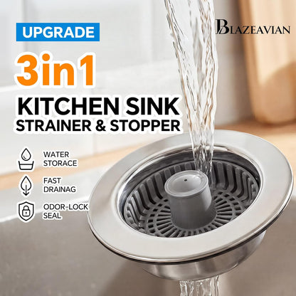 Solid Brass Body 3-in-1 Kitchen Sink Drain Strainer & Stopper, Heavy Duty Pop Up Plug Assembly with 2 Baskets, Anti-Clog Replacement for US Standard 3-1/2 Inch Drains, Rust-Proof Silver