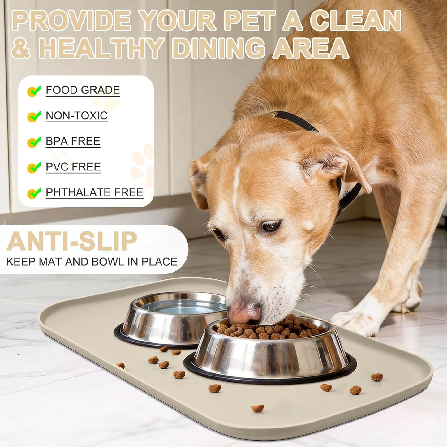 SMILOOL Waterproof Silicone Pet Food Mat with Raised Edge for Dog & Cat | 19" x 12" Non-Slip Pet Feeding Mats with Lip for Food & Water Bowl, Food Grade, Easy Cleaning, Black