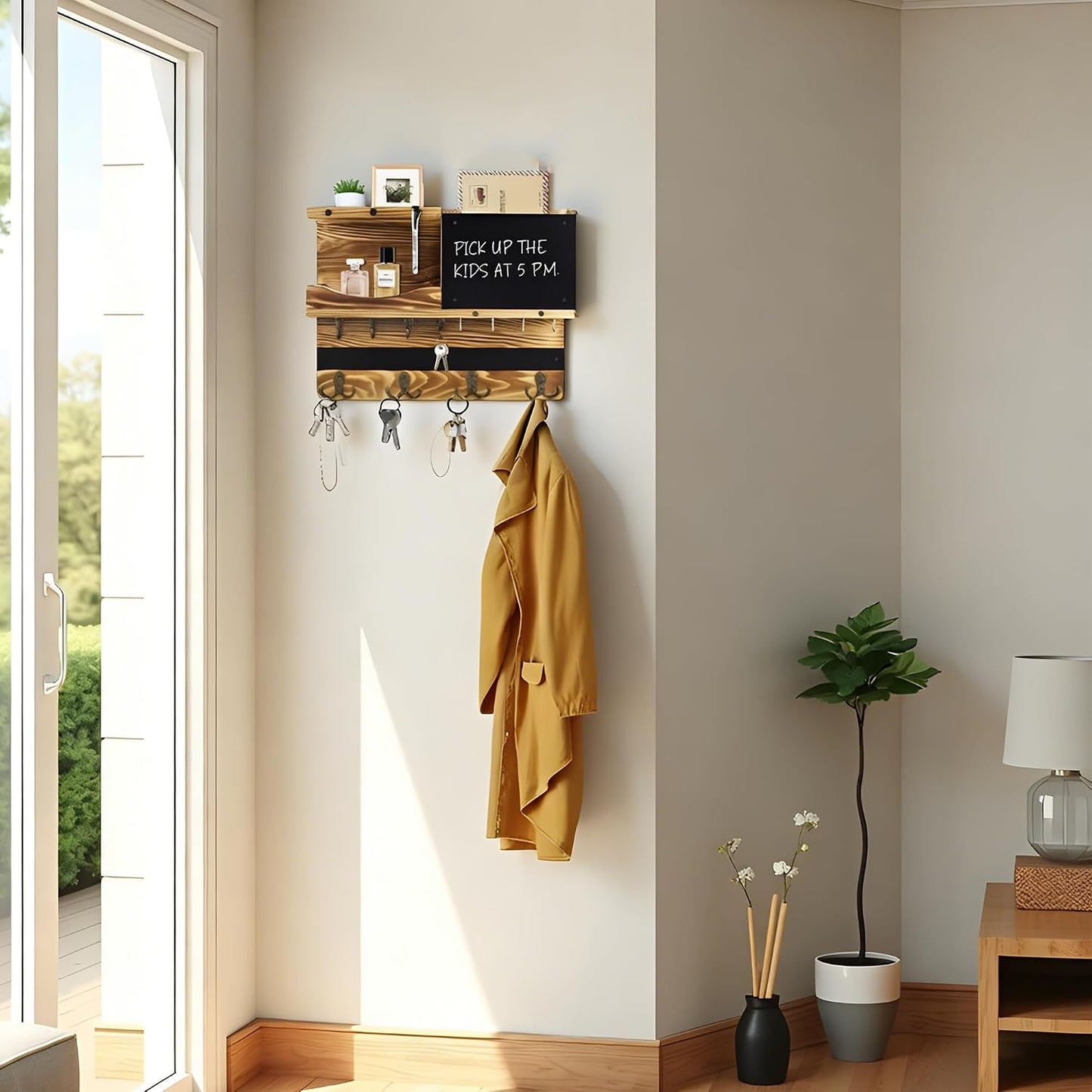 Key Holder for Wall Mount with Shelf and Mail Organizer, Key and Mail Holder with 16 Hooks, Farmhouse Entryway Organizer, Home Decor Rack (Pine Wood, White Washed)