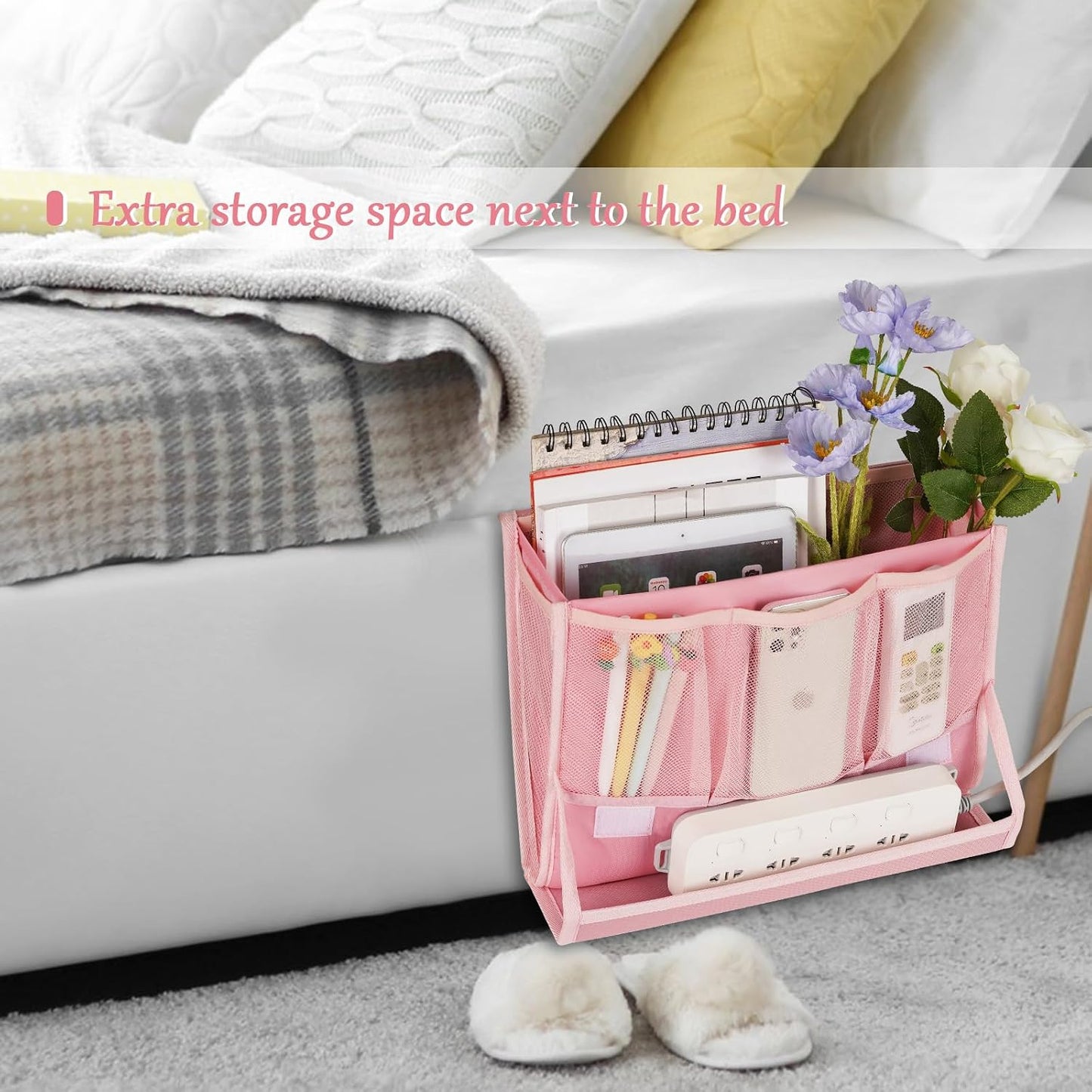 Bedside Caddy Organizer for Dorm Bed Rails with 7 Pockets, Gray | Bed Pockets Bedside Storage with Power Strip Holder & 2 Adjustable Straps for Home, College, Dorm, Hospital Bedside Organizer