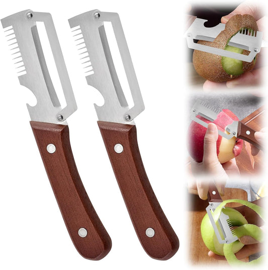 2PCS Multifunction Vegetable Peeler for Kitchen, Stainless Steel Fruit & Potato Peeler with Bottle Opener and Wooden Handle, 3-in-1 Kitchen Gadget for Carrot, Pumpkin, Cucumber and Veggie