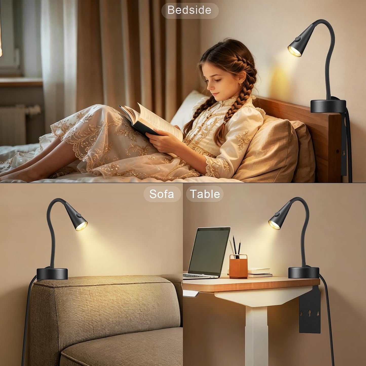 Headboard Reading Light, Black Bedside Lamp, No-Drill Book Light for Bedtime Reading, Dimmable LED, Flexible Gooseneck, 360°Adjustable, Plug-in Reading Lamp Movable-1 Pack