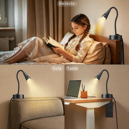 Headboard Reading Light, Black Bedside Lamp, No-Drill Book Light for Bedtime Reading, Dimmable LED, Flexible Gooseneck, 360°Adjustable, Plug-in Reading Lamp Movable-1 Pack