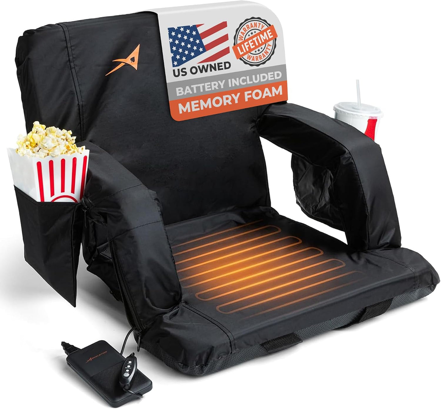 Heated Stadium Seats for Bleachers with Back Support – USB Battery Included - Upgraded 3 Levels of Heat - Foldable Chair - Cushioned, 4 Pockets for Snacks, Cup Holder - for Camping, Games & Sports