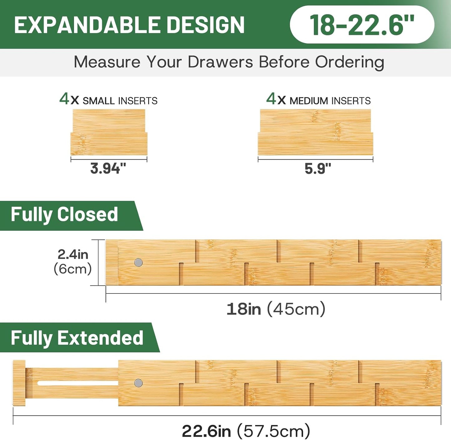 kiplant Kitchen Drawer Dividers - Adjustable Drawer Organizer for Clothes, Kitchen, Closet & Office - 8 Pack with Inserts, 18-22.6 Inches, Non-Slip Silicone Ends