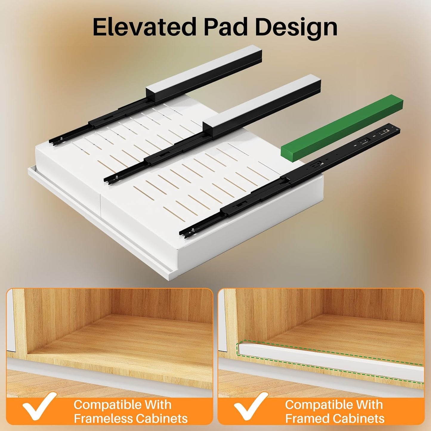 Pull out Cabinet Organizer, 1-Pack Expandable(13.6"-24") Silde out Drawers with Raising Pad for Framed Cabinets, Adjustable Full-Extension Adhesive Roll out Shelves for Kitchen Pantry Home Pot and Pan