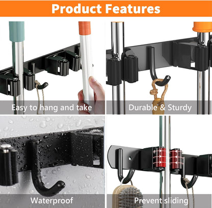 CUXIXA Mop and Broom Holder Wall Mount, Upgraded Broom Organizer Wall Mount, Stainless Steel Broom Hanger Wall Mount for Home Kitchen Garden Laundry Garage (3 Racks with 4 Hooks)