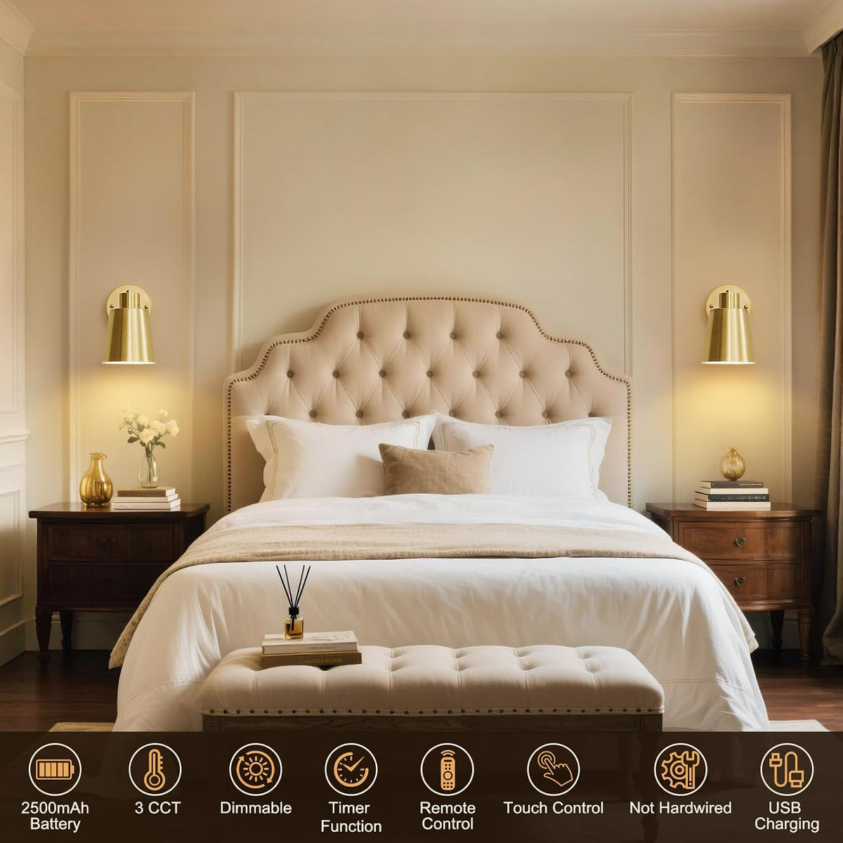 Gold Battery Operated Wall Sconces Set of Two with Remote, Rechargeable Battery Powered Wall Lights, 3 Color Temperature, Dimmable, Modern Wireless Wall Lamps for Bedroom Living Room Hallway