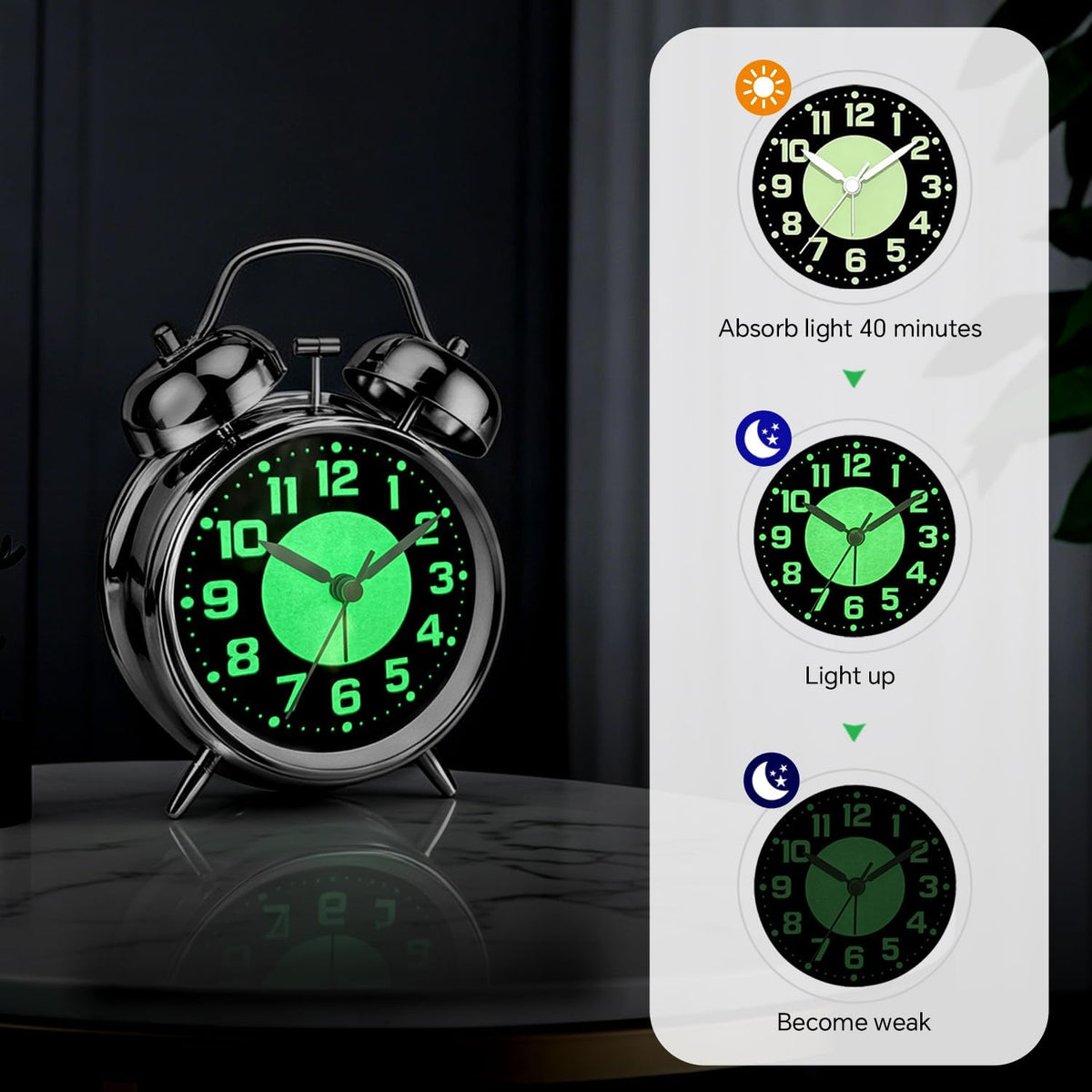 4.5" Metal Loud Alarm Clock for Heavy Sleepers Adults, Analog Battery Operated Alarm Clock with Bells Glow in Dark Numbers, Silent Old School Bedside Desk Clock for Bedroom Office Kids, Black