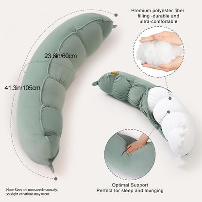 Peallow(Pat. Pend) – Long Round Body Pillow for Adults, Bolster Pillow for Sleeping, Soft and Supportive Pillow for Sleeping & Lumbar Support (Green-White, 29.5")