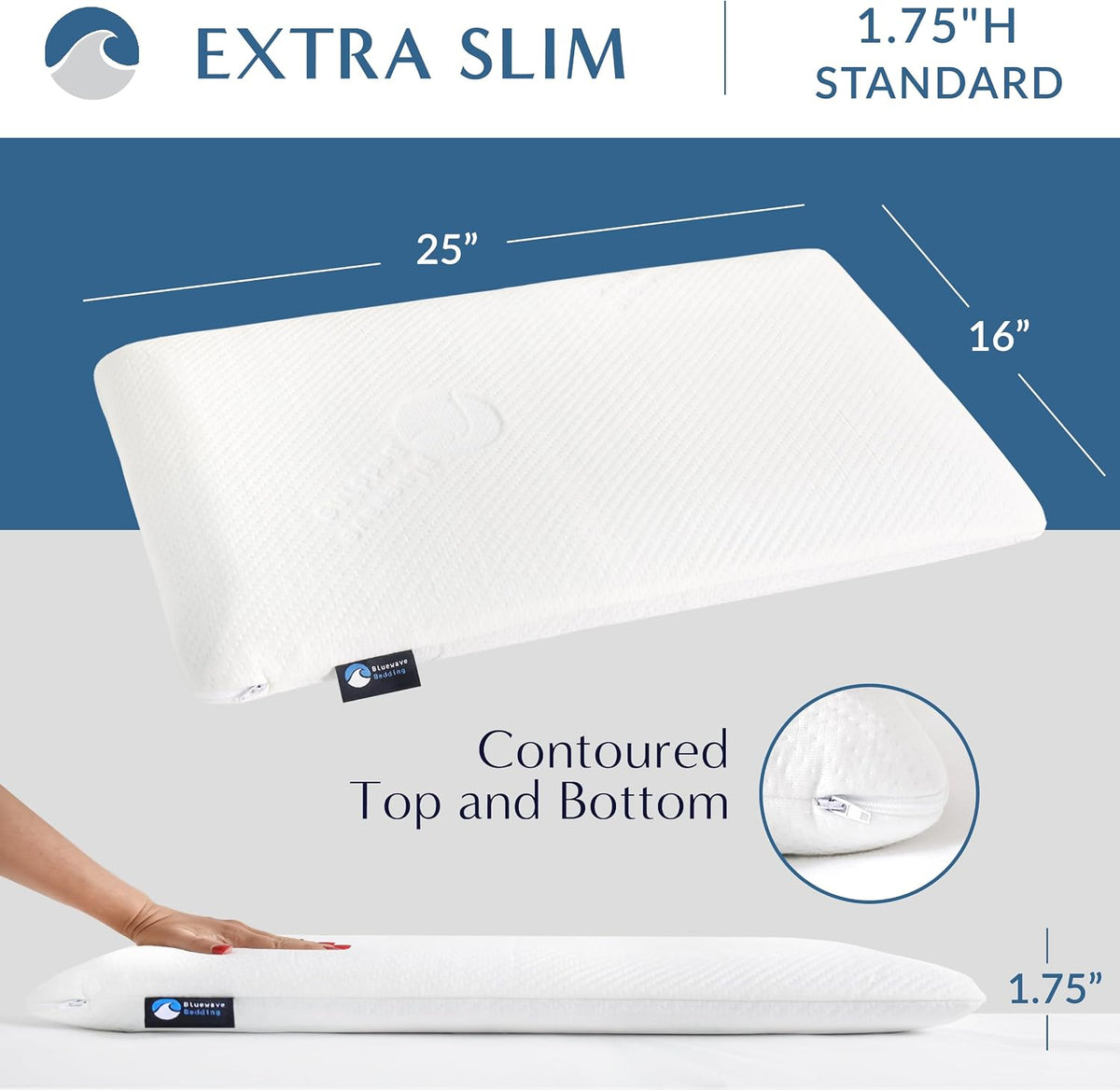Bluewave Bedding Ultra Slim Gel Memory Foam Pillow for Stomach and Back Sleepers - Thin, Flat Design for Cervical Neck Alignment and Deeper Sleep (2.75-Inches Height, Standard Size)