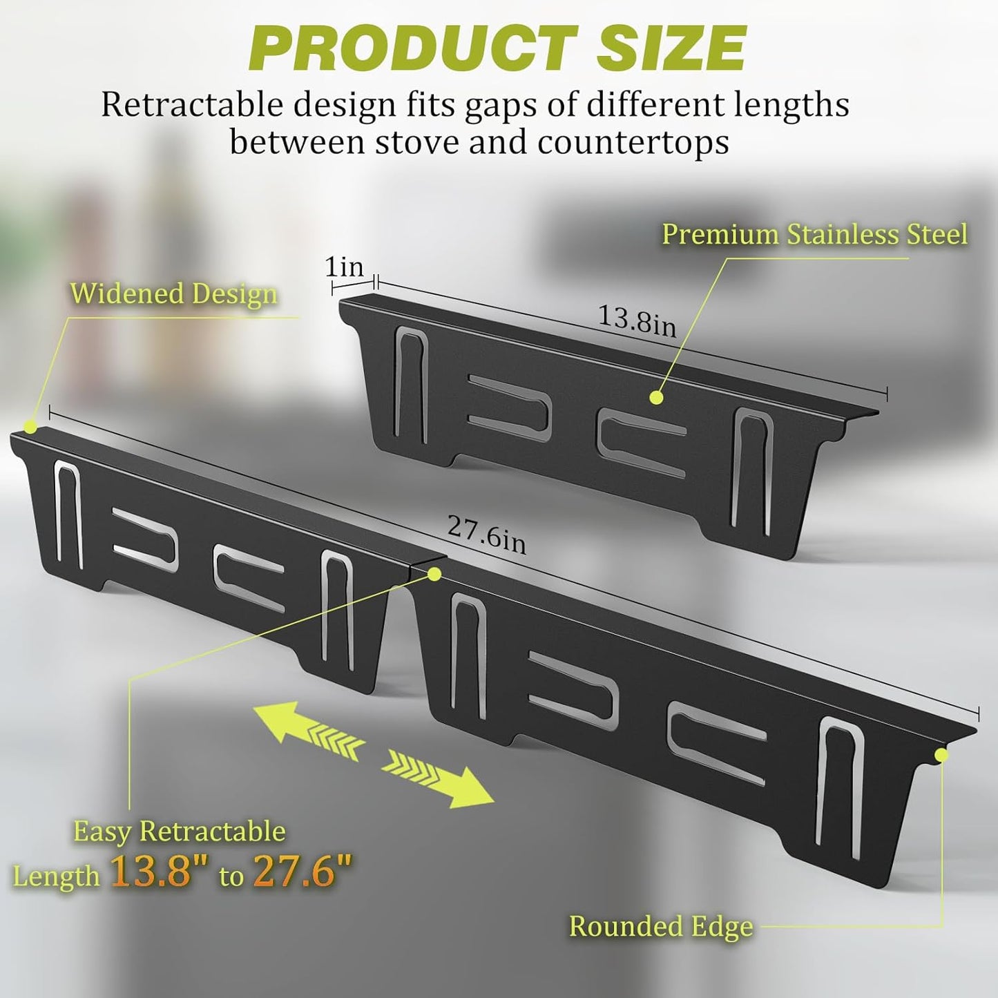 Stove Gap Covers Stainless Steel, Stove Gap Filler Between Stove and Counter, Stove Gap Guards and Range Trim Kit, Easy Retractable Length 13.8" to 27.6", Width 1", Heat-Resistant Stove Guard (2 Pack)