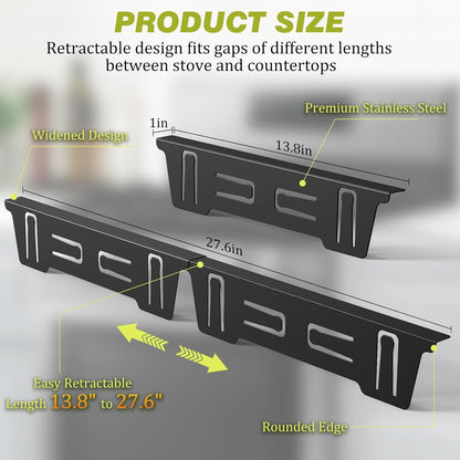 Stove Gap Covers Stainless Steel, Stove Gap Filler Between Stove and Counter, Stove Gap Guards and Range Trim Kit, Easy Retractable Length 13.8" to 27.6", Width 1", Heat-Resistant Stove Guard (2 Pack)