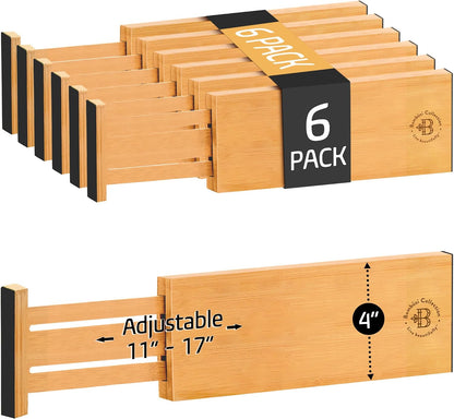 6-Pack Deep Drawer Dividers 4-Inch High Dresser Drawer Organizer, Bamboo | Adjustable 11.5-17 Inch Spring-Loaded Separators for Clothes, Utensils, Socks, Bedroom, Bathroom, Kitchen, Office, No Tools