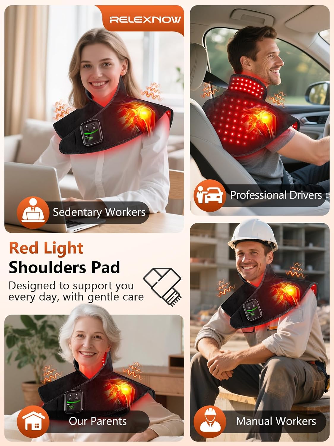 RELEXNOW Red Light Therapy for Shoulders and Neck Massage with Heat, 5000 mAh Battery Cordless Near Infrared Red Light Therapy Pad for Body, Wearable Heating Pad for Upper Back, Shoulder & Neck(Black)