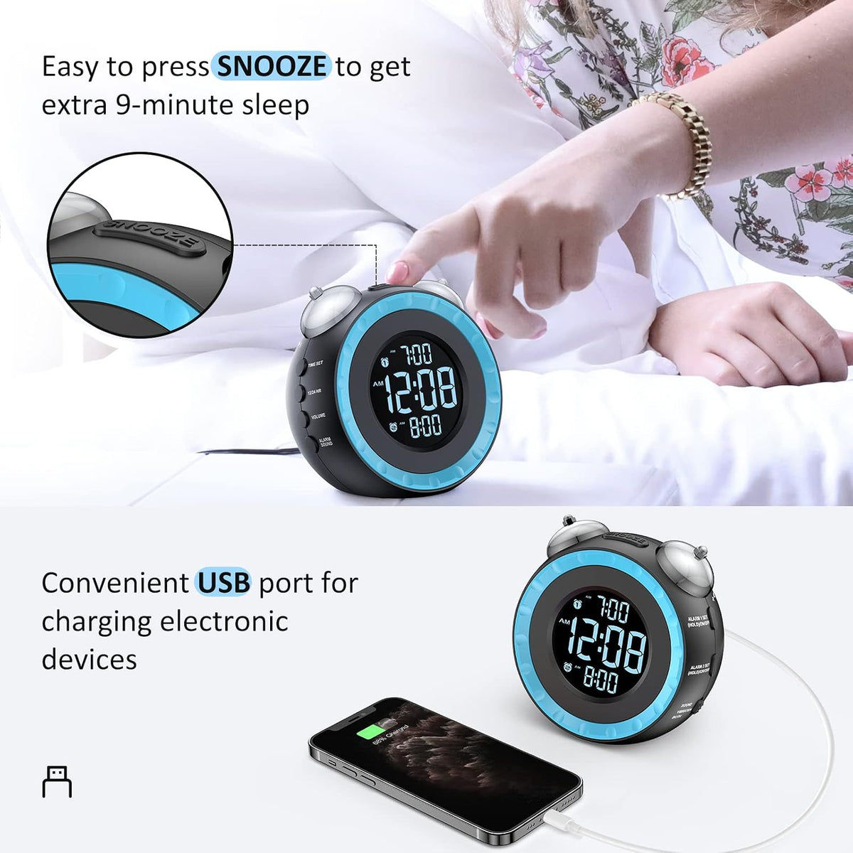 uscce Loud Dual Alarm Clock with Powerful Adjustable Bed Shaker