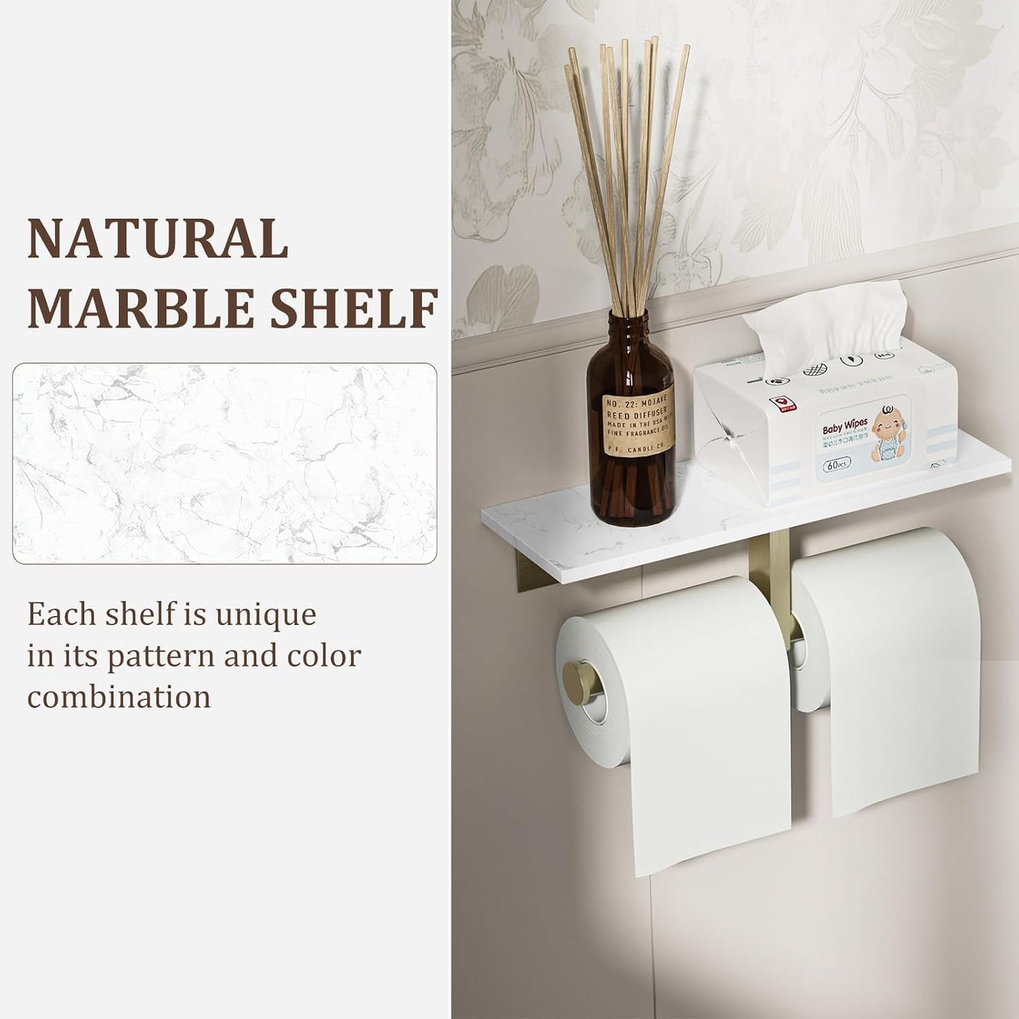 BWE Brushed Gold Toilet Paper Holder with Marble Shelf Wall Mounted | Toilet Paper Roll Holder with Phone Shelf 304 Stainless Steel Tissue Holder for Bathroom Washroom,Saving Space