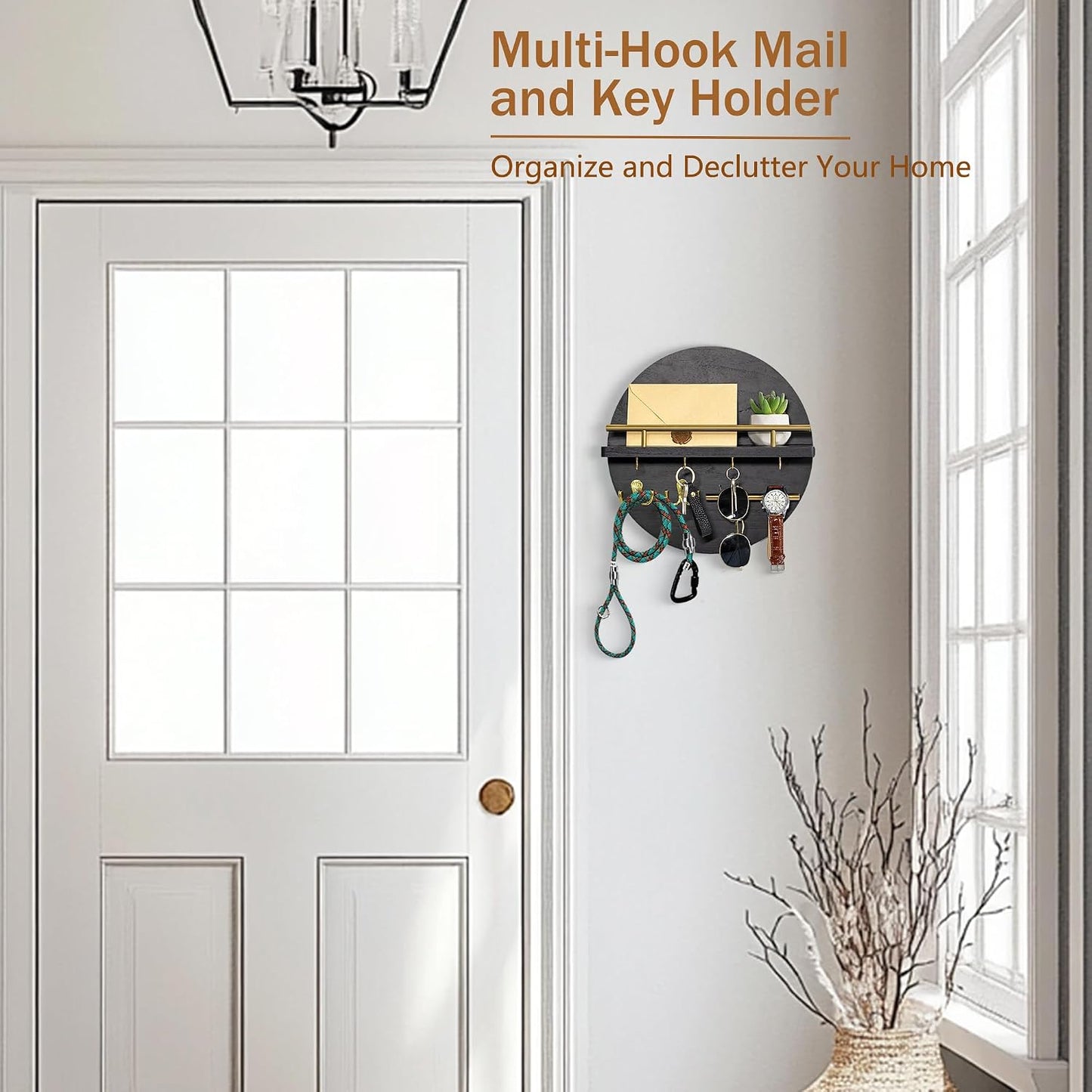 Key Holder for Wall Decorative with Shelf and Hooks, Mail Organizer Wall Mount with Sunglasses Holder, Circular Design Entryway Key Rack Hanger, Rustic Home Decor Boho Wall Decor (White)