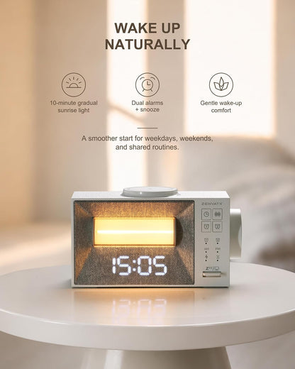 Sound Machine Alarm Clock with Wireless Charger for Bedroom, Hotel