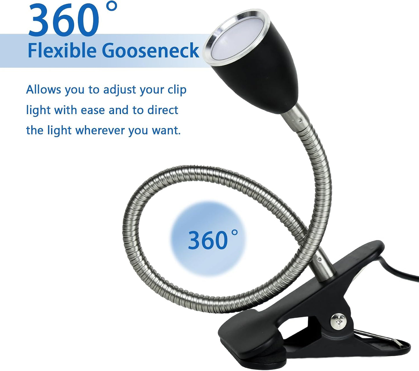 Desk lamp Eye-Caring Table Lamps, 360°Rotation Gooseneck Clip on Lamp Reading Light Portable Reading Book Light Clamp Study Desk Lamps for Bedroom and Office Home Lighting (White)