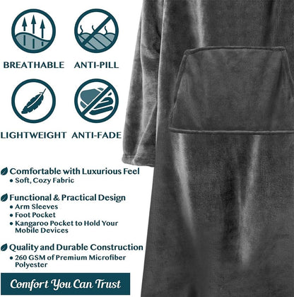 PAVILIA Fleece Blanket with Sleeves and Foot Pockets Women Men, Dark Purple