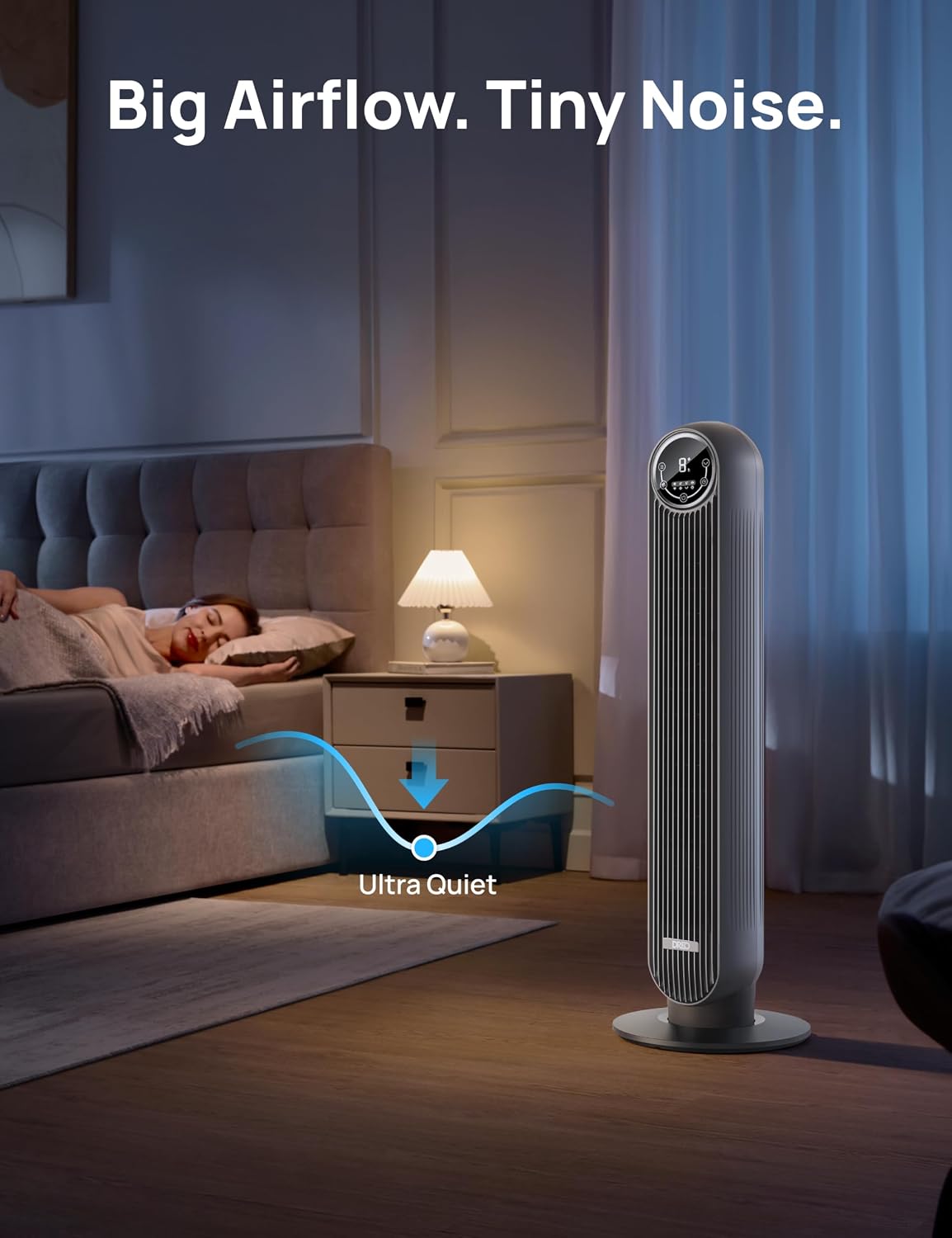 DREO Tower Fan for Bedroom, 26ft/s Velocity, 90° Oscillating, 8H Timer