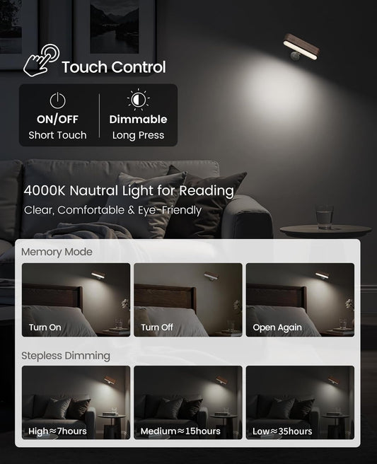 Rechargeable Wall Sconces Set of 2, Reading Light for Bed, Magnetic Lamp