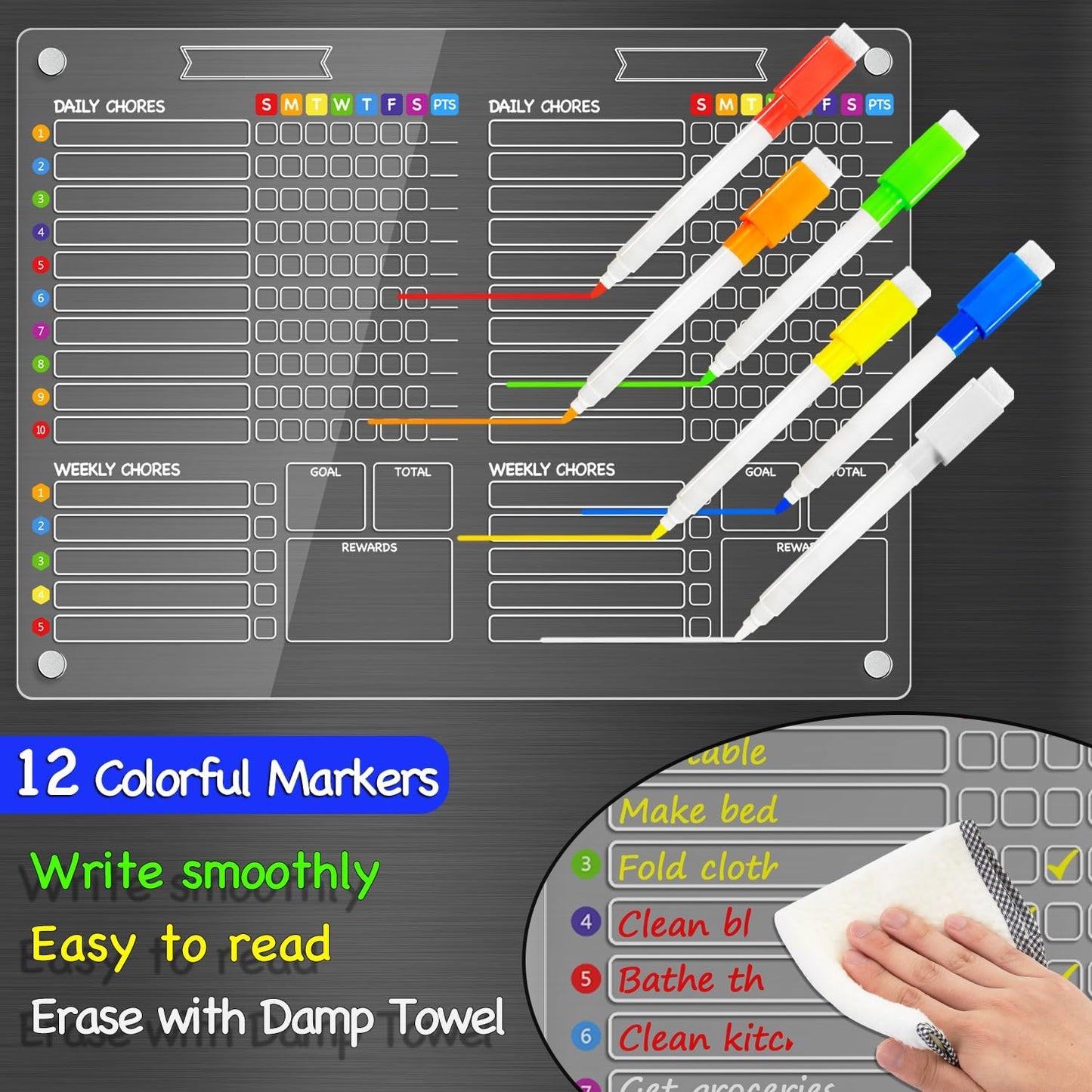 PigPotParty 2-in-1 Acrylic Magnetic Chore Chart for 2 Kids, Large 16x12 in | Clear Dry Erase Fridge Chore Board for Teens, Roommates; Vibrant Layout; Embedded Magnets; 12 Wet-Erase Markers and Towel