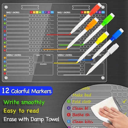 PigPotParty 2-in-1 Acrylic Magnetic Chore Chart for 2 Kids, Large 16x12 in | Clear Dry Erase Fridge Chore Board for Teens, Roommates; Vibrant Layout; Embedded Magnets; 12 Wet-Erase Markers and Towel