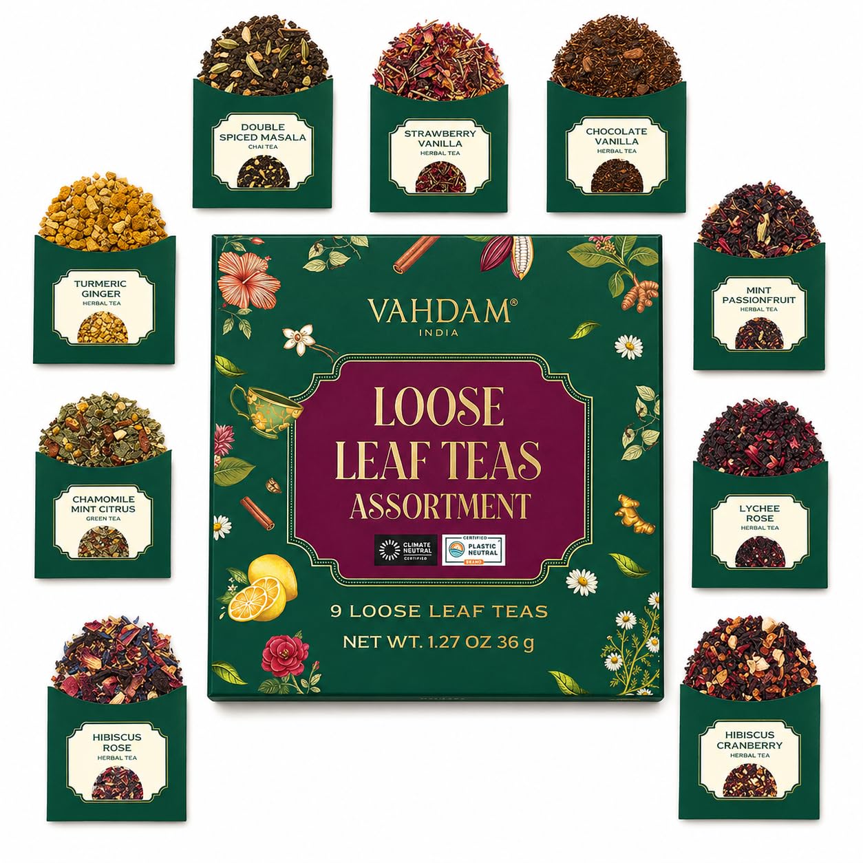VAHDAM, Assorted Herbal Tea Sampler (18 Tea Bags, 9 Flavors) Caffeine-Free, Non-GMO | Double Infusion, Individually Enveloped Tea Bags | Herbal Tea Assortmen