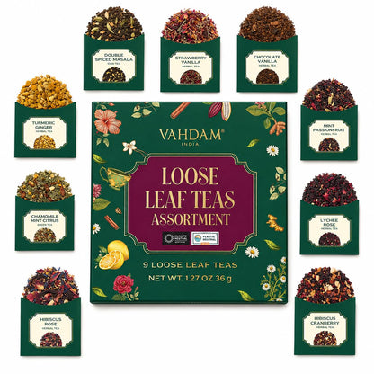 VAHDAM, Assorted Herbal Tea Sampler (18 Tea Bags, 9 Flavors) Caffeine-Free, Non-GMO | Double Infusion, Individually Enveloped Tea Bags | Herbal Tea Assortmen