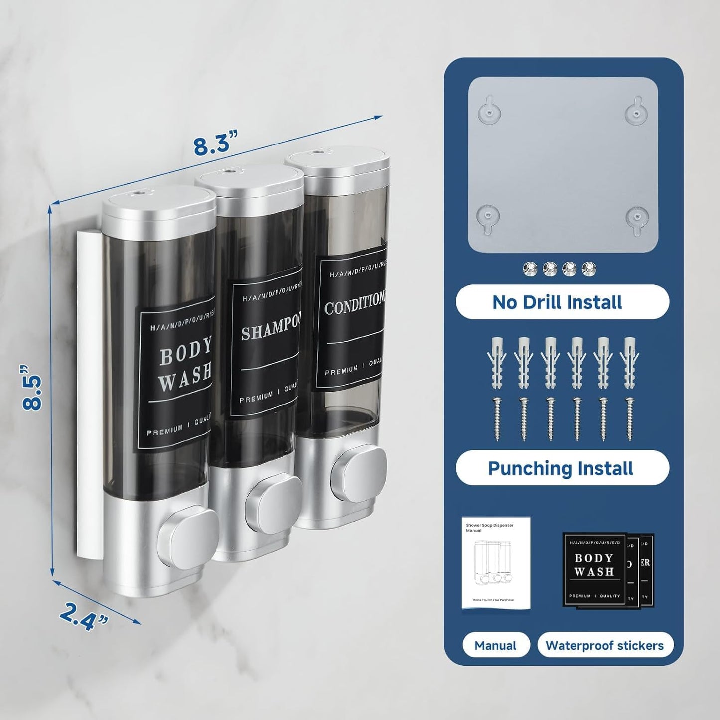 Shampoo and Conditioner Dispenser,Shower Soap Dispenser 3 Chamber No Drill Wall-Mounted Shampoo Dispenser for Shower Wall Mounted Shower Dispenser for Bathroom Hotel Large Capacity, Clear Bright