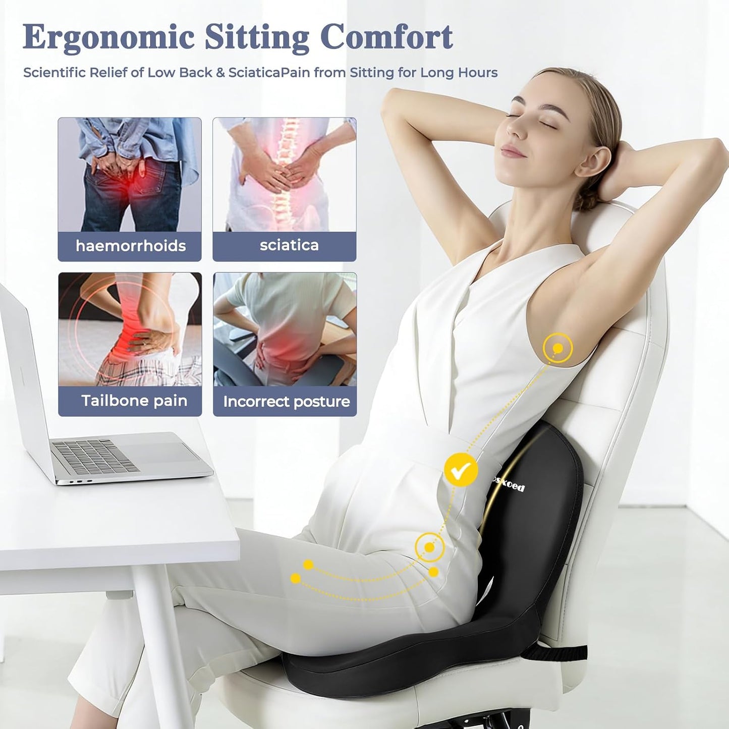 Memory Foam Seat Cushion for Sciatica & Back Pain Relief - Ergonomic Chair Pad with Adjustable Strap & Supportive Comfort Cover, Non-Slip for Car, Truck, Office Chair - Dark Gray&Light Gray